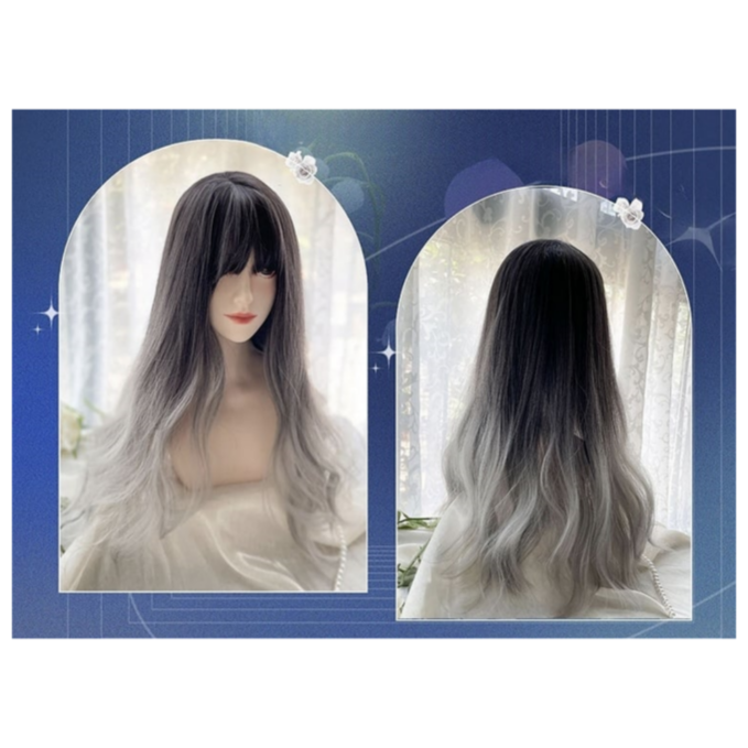 A long wavy wig with black and grey hair color