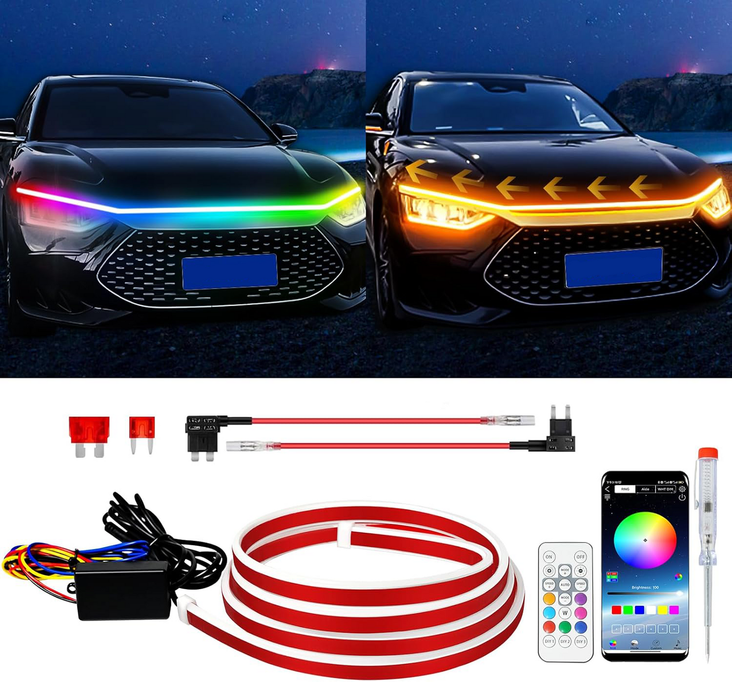 RGB Car Hood Light Strip – Dynamic Multicolor Waterproof LED Kit