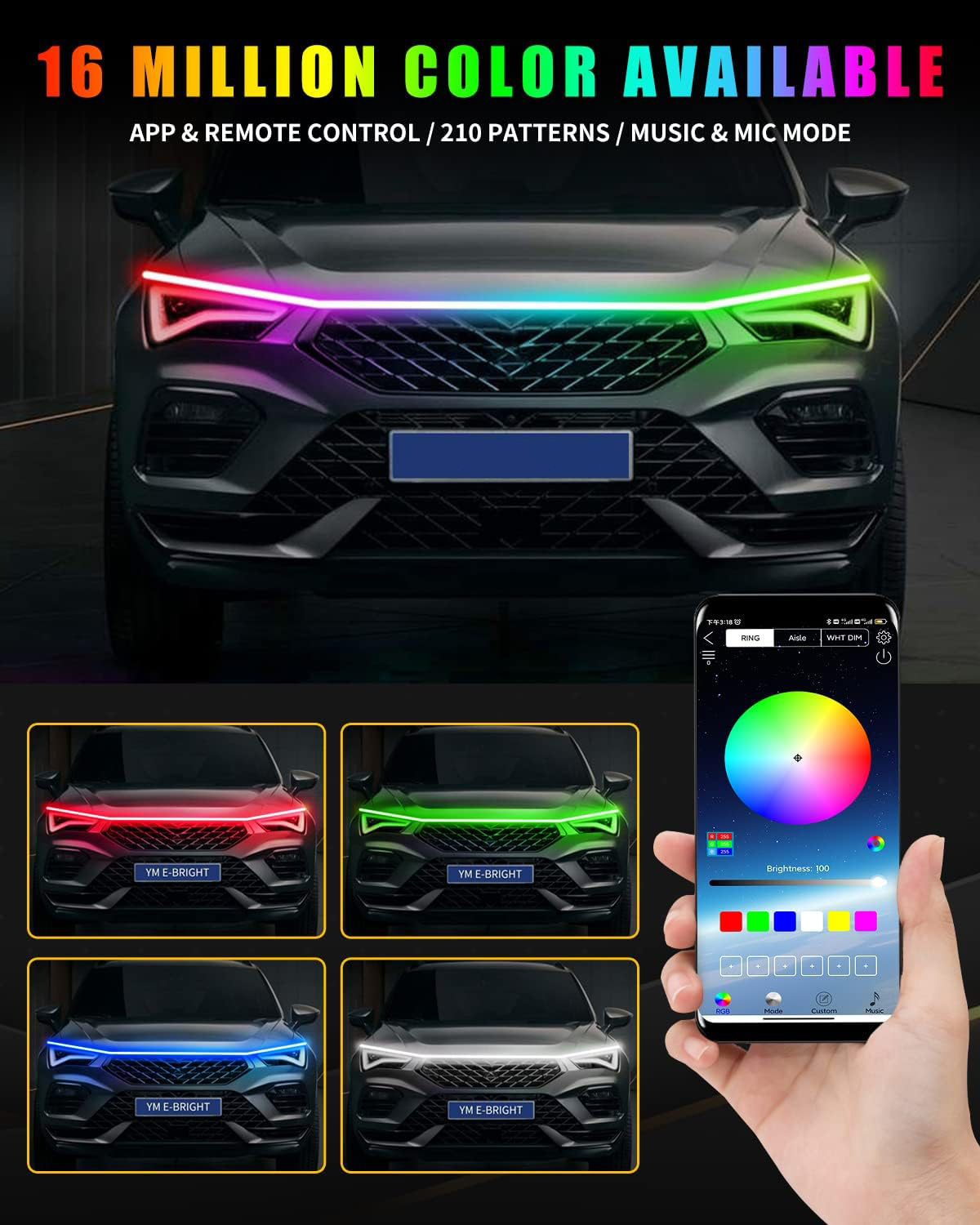 RGB Car Hood Light Strip – Dynamic Multicolor Waterproof LED Kit