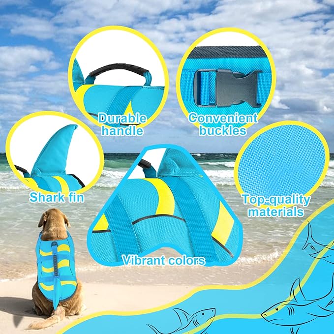 Shark dog life jackets, adjustable dog life jackets with shark fins, suitable for small, medium and large dog life jackets for swimming, boating, swimming pools and beaches