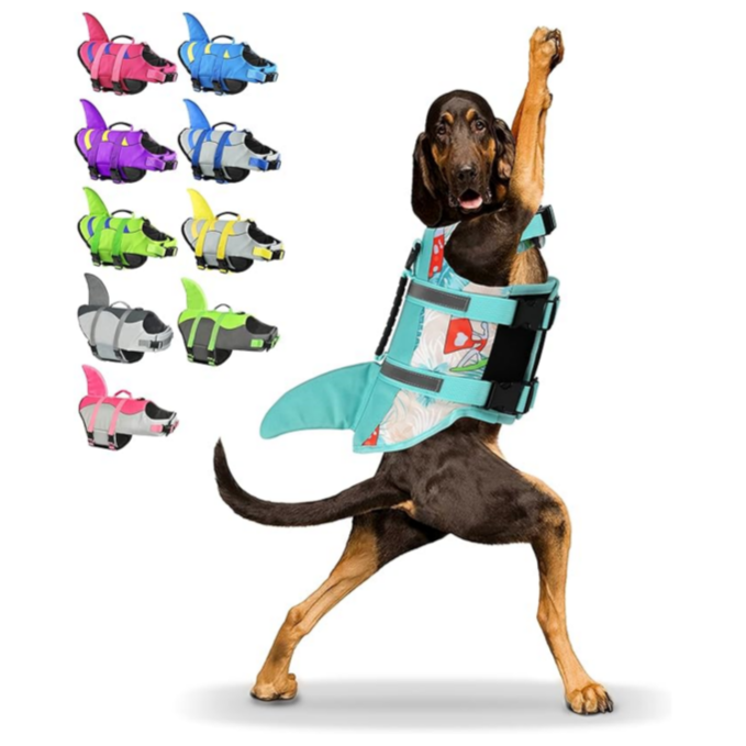 Shark dog life jackets, adjustable dog life jackets with shark fins, suitable for small, medium and large dog life jackets for swimming, boating, swimming pools and beaches