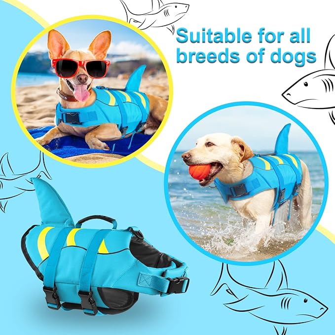 Shark dog life jackets, adjustable dog life jackets with shark fins, suitable for small, medium and large dog life jackets for swimming, boating, swimming pools and beaches